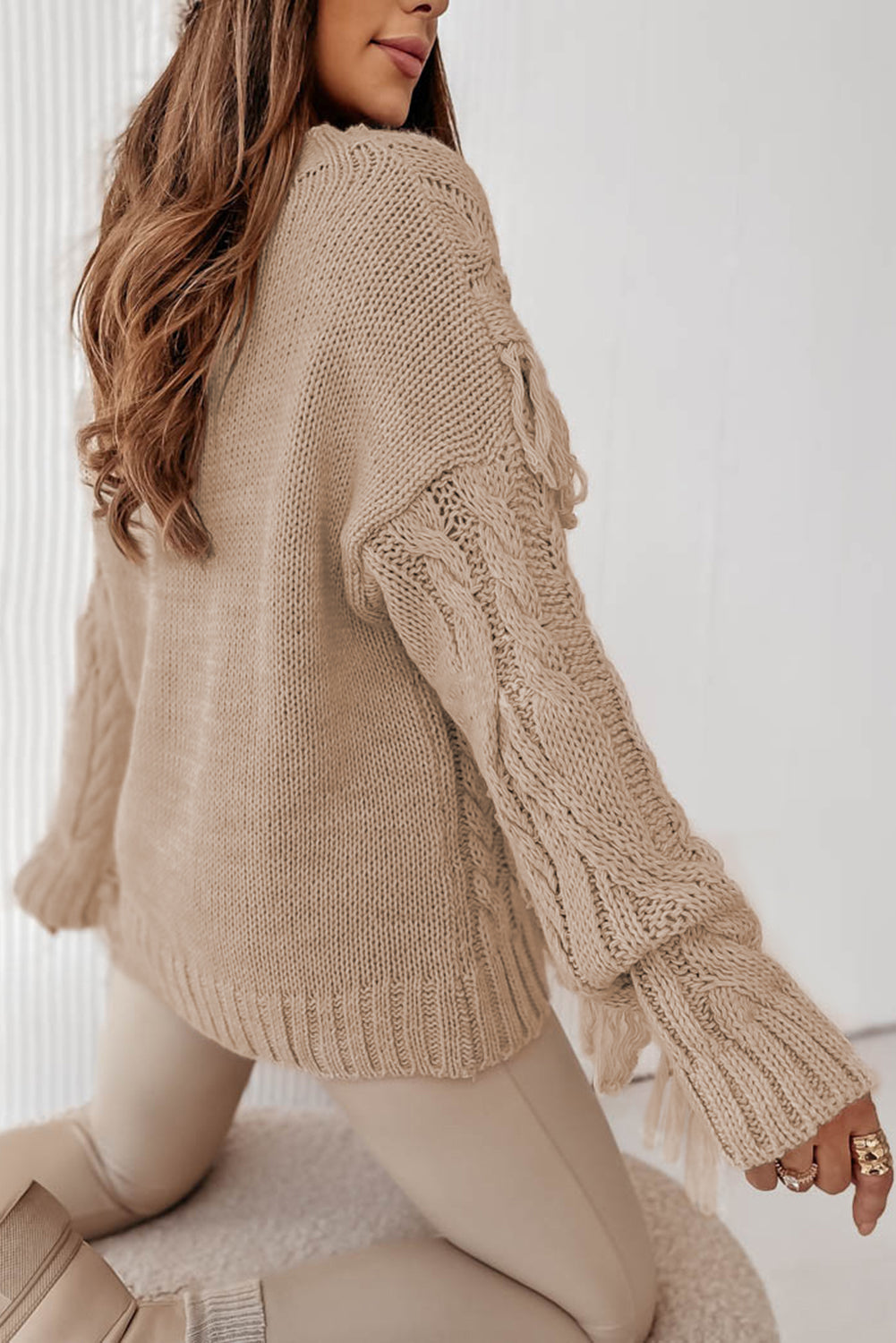 Parchment Tasseled Braided Knit Sweater