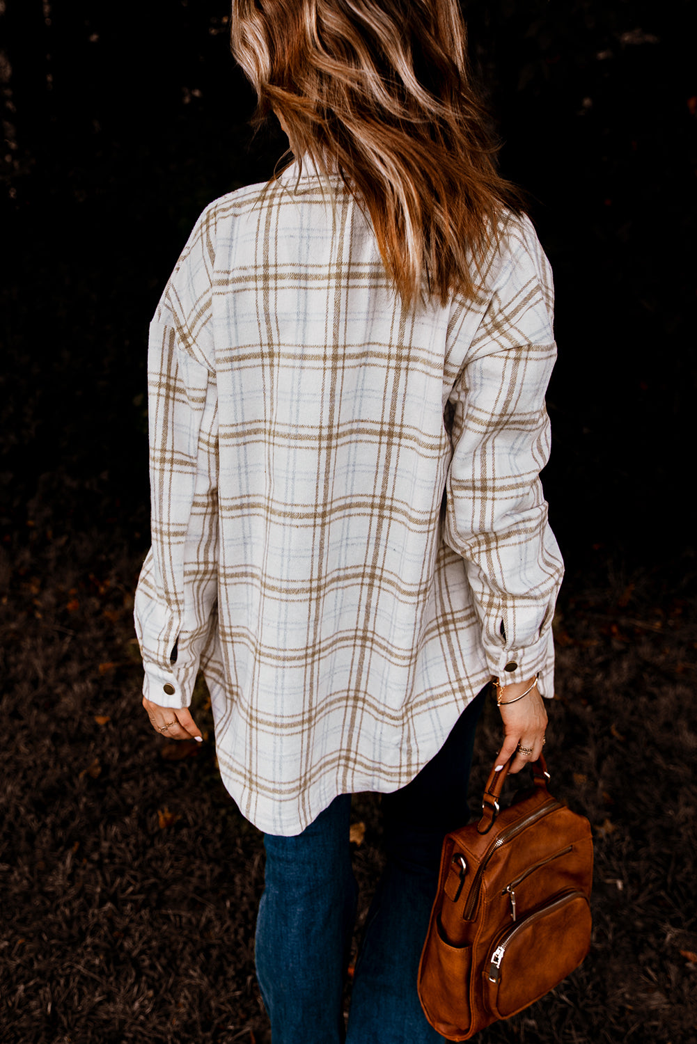 Khaki Plaid Pattern Buttoned Shirt Coat with Slits