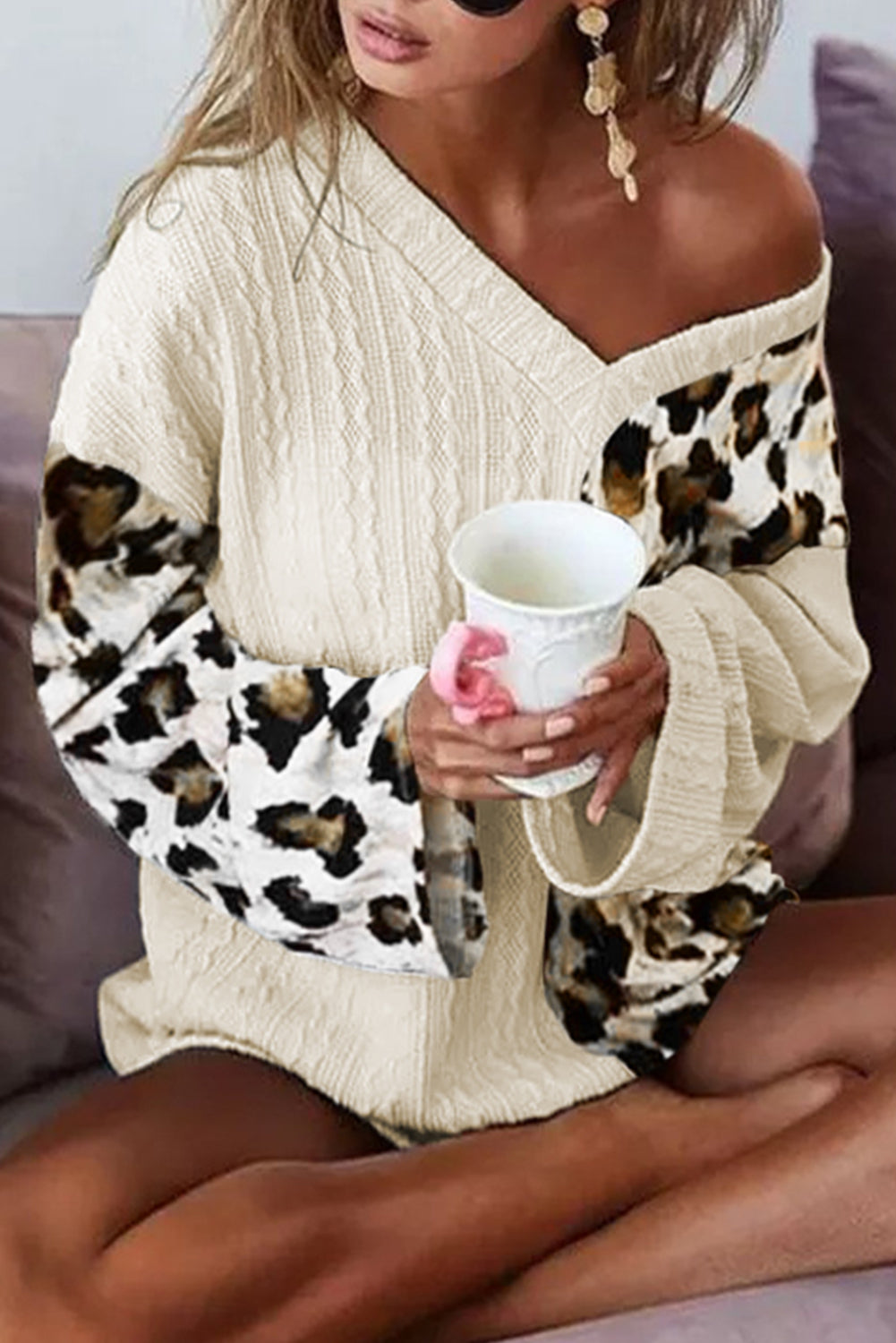 Beige Asymmetric Leopard Patchwork Wide Sleeve V Neck Sweater