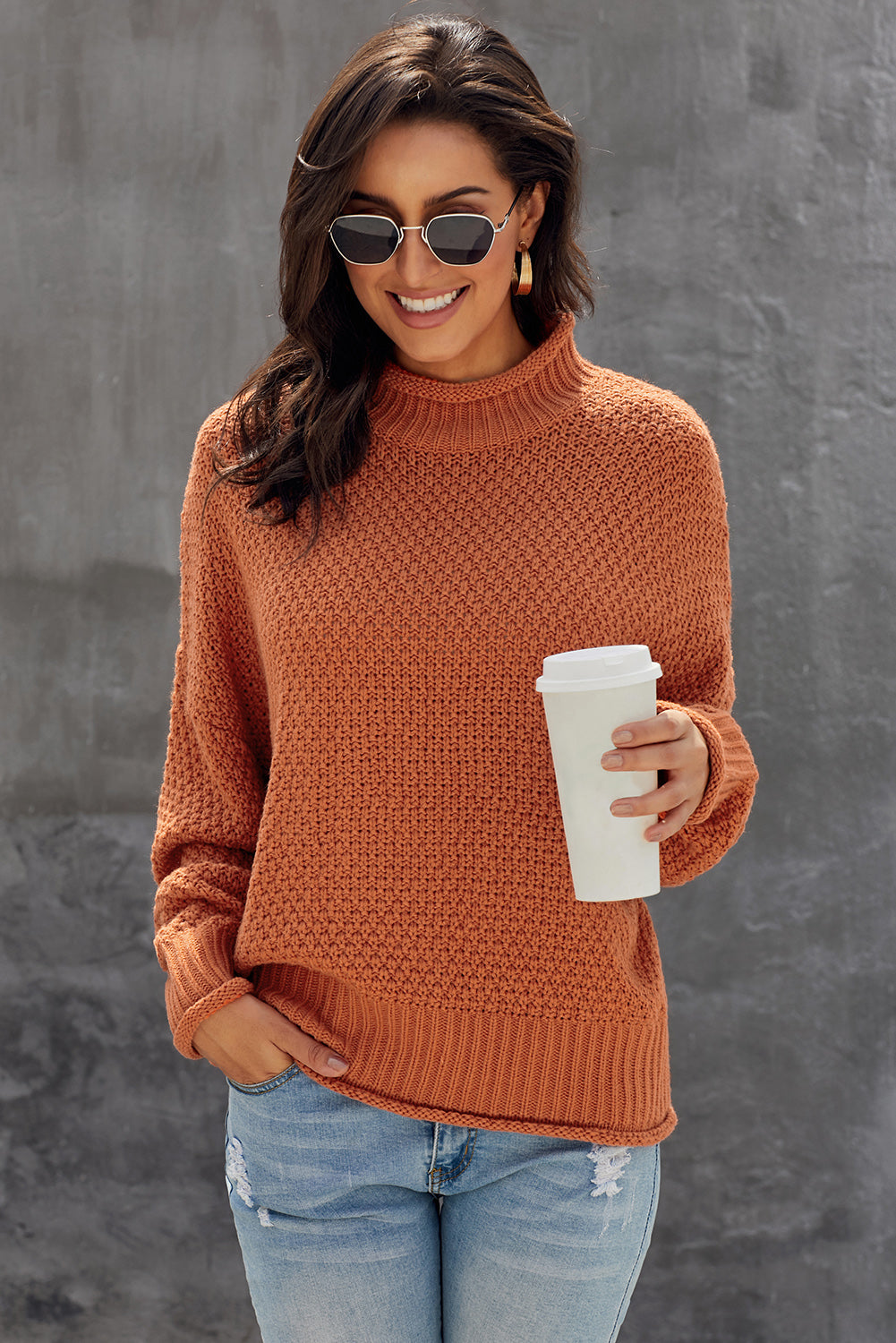 Orange Oversized Chunky Batwing Long Sleeve Turtleneck Sweater