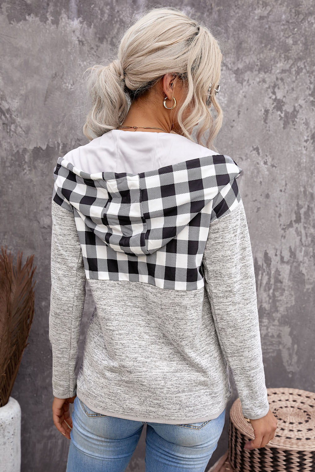 Black Plaid Splicing Pocketed Hoodie