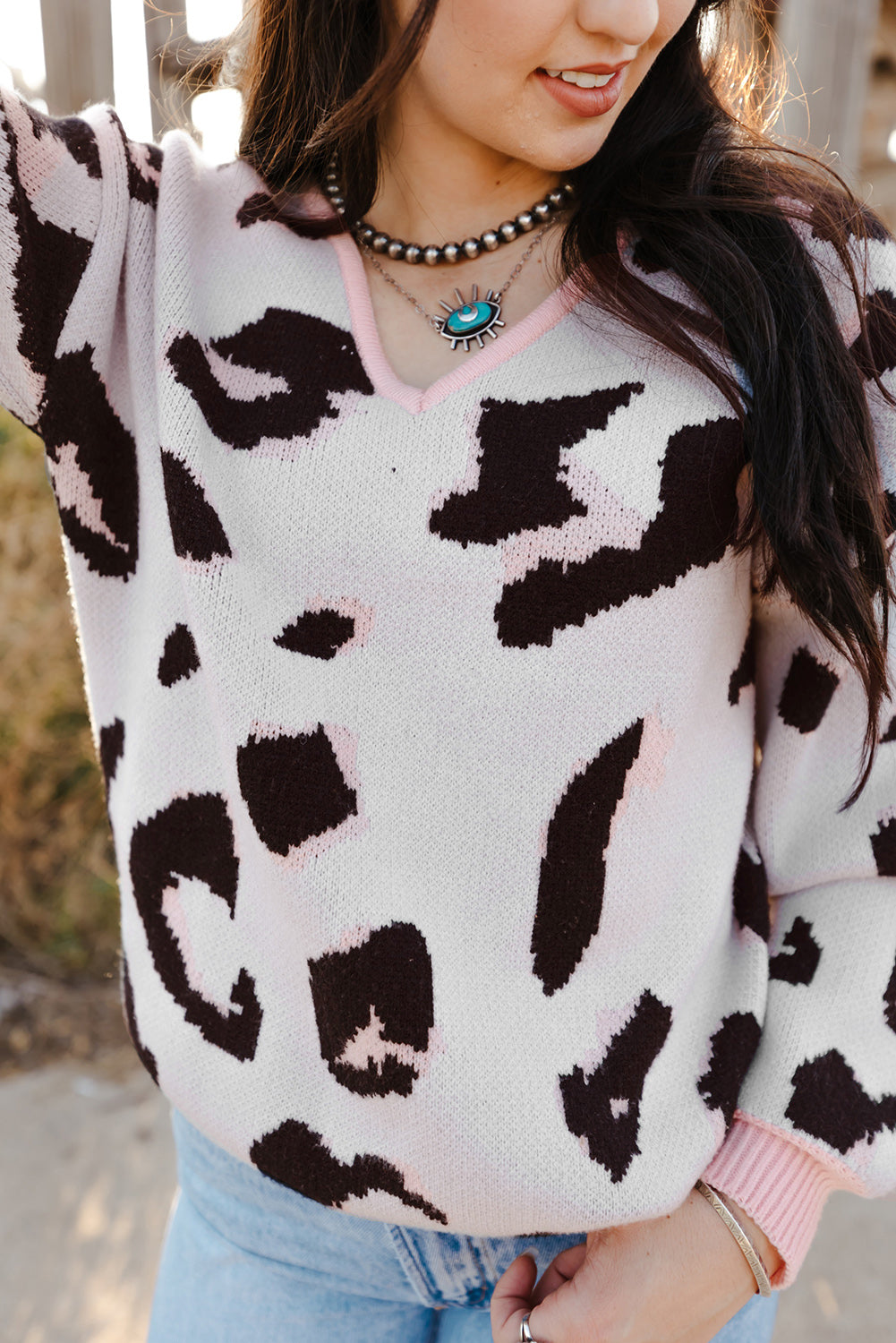 Contrast Trimmed V Neck Leopard Sweater