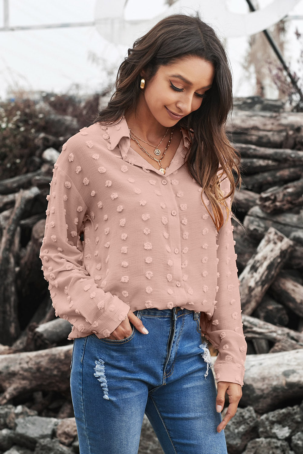 Long Sleeve Button Fuzzy Polka Dot Shirt