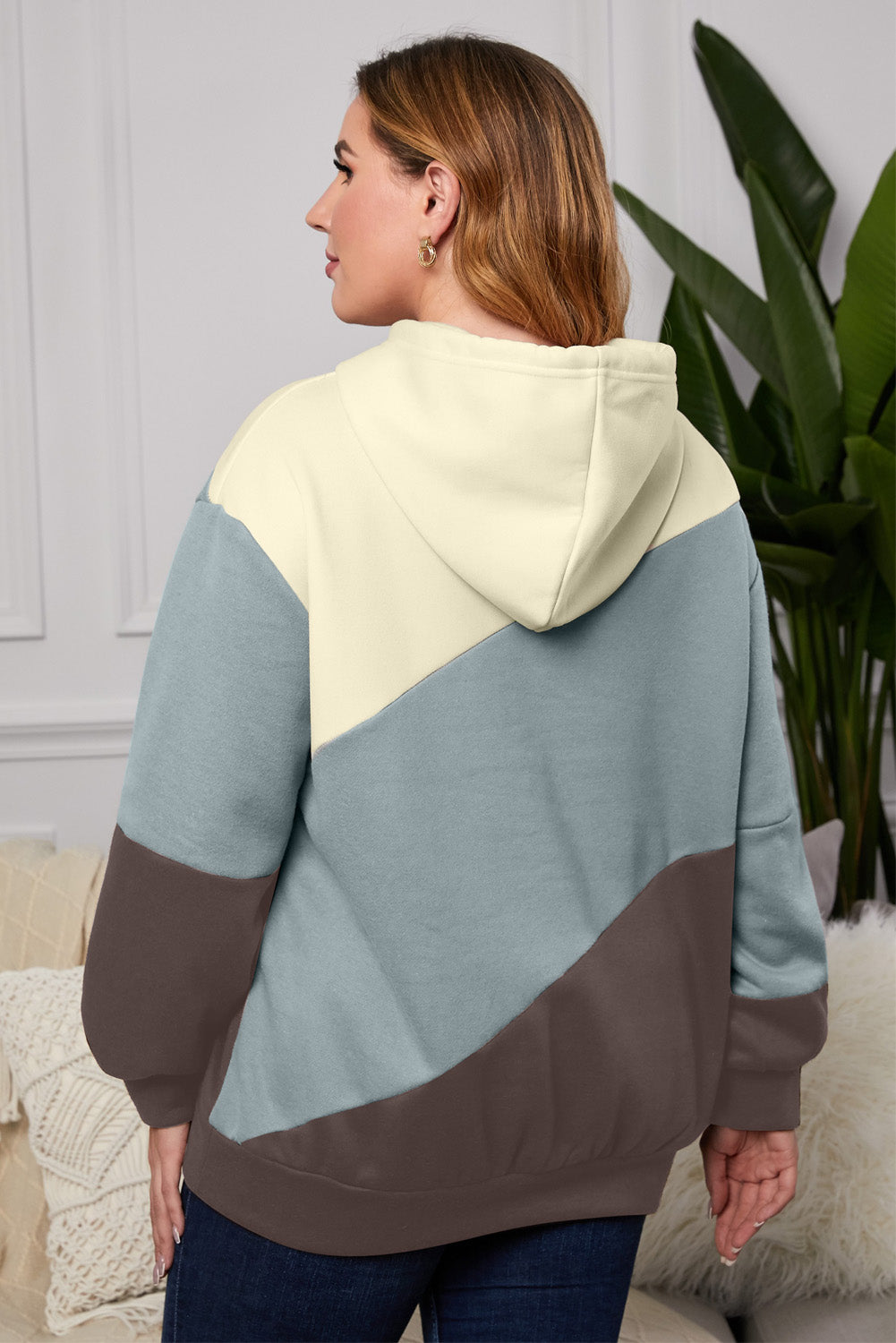 Green Sky Blue Colorblock Kangaroo Pocket Plus Size Hoodie