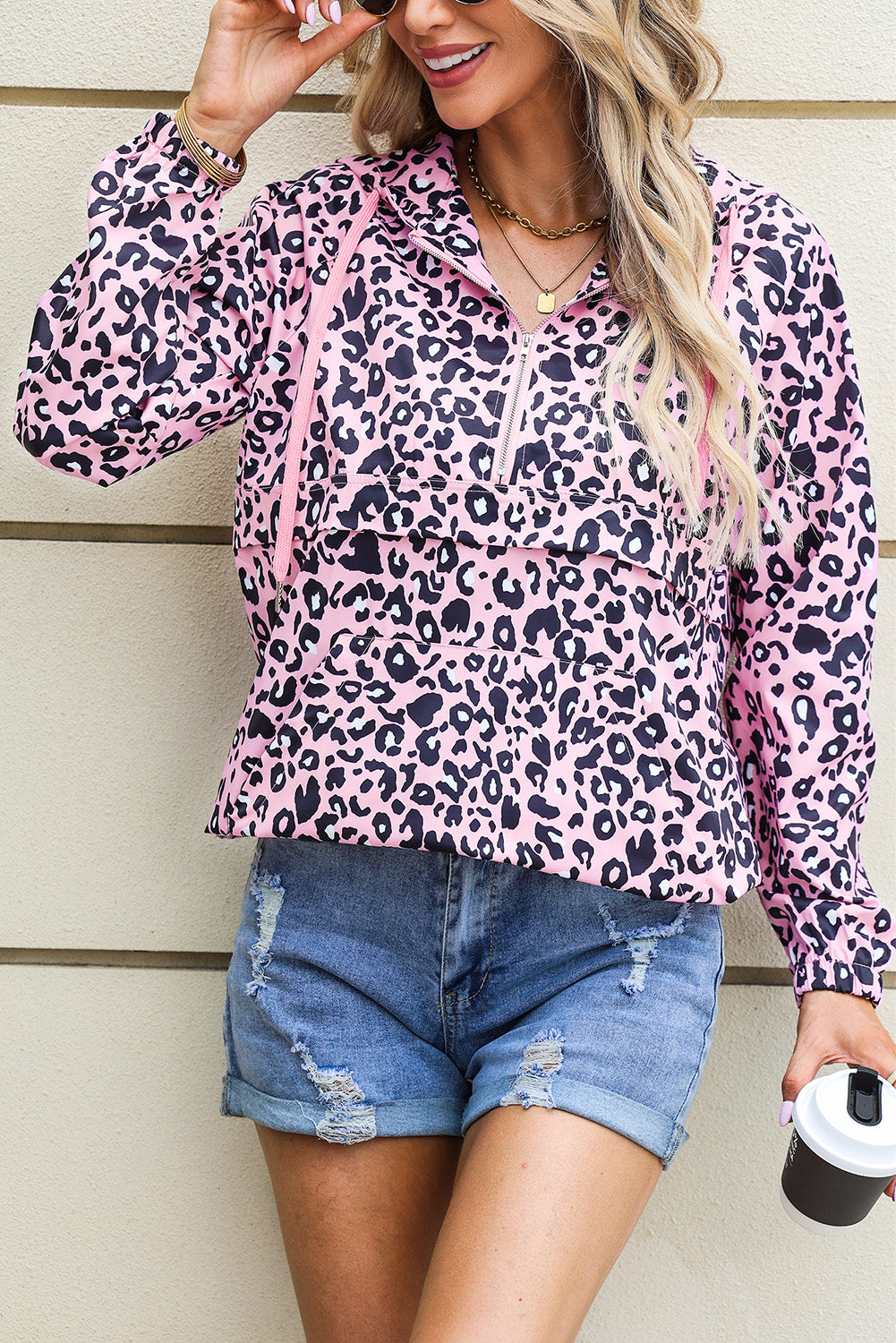 Leopard Print Zipper Kangaroo Pocket Pullover Hoodie