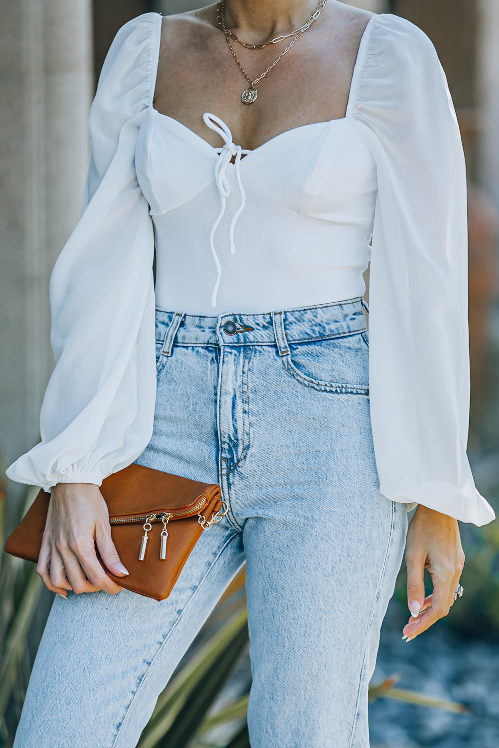 White Criss Cross Backless Puff Sleeve Bodysuit