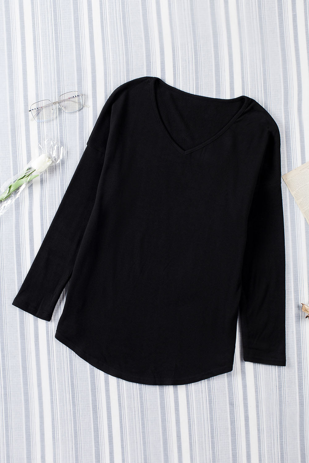 Black Solid Color V Neck Long Sleeve Knit Top