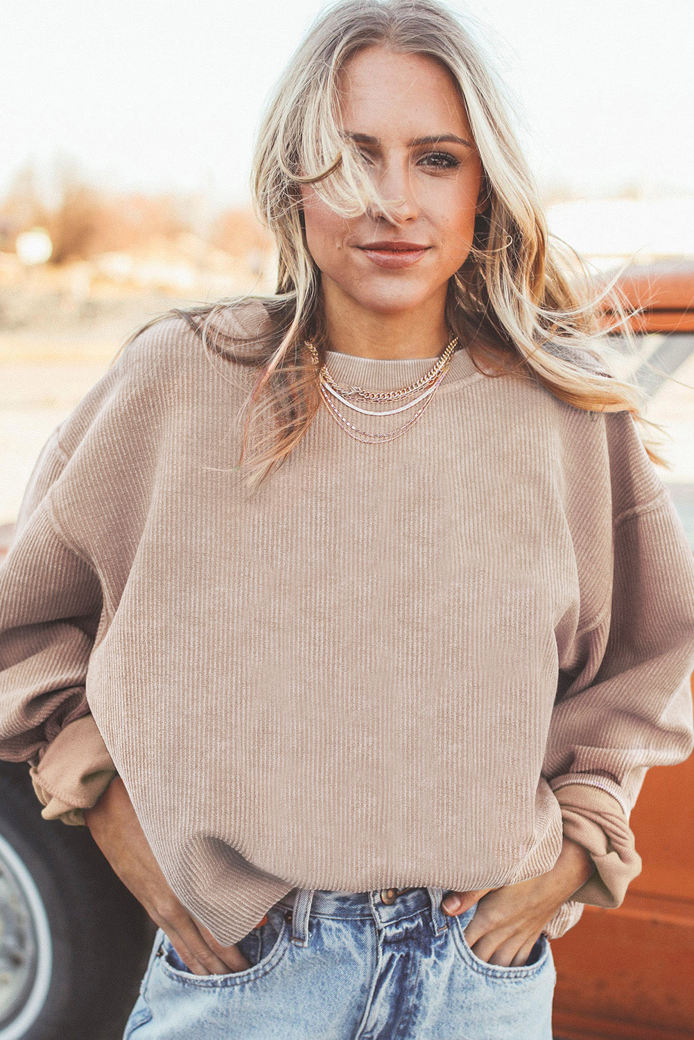 Apricot Ribbed Corded Oversized Sweatshirt