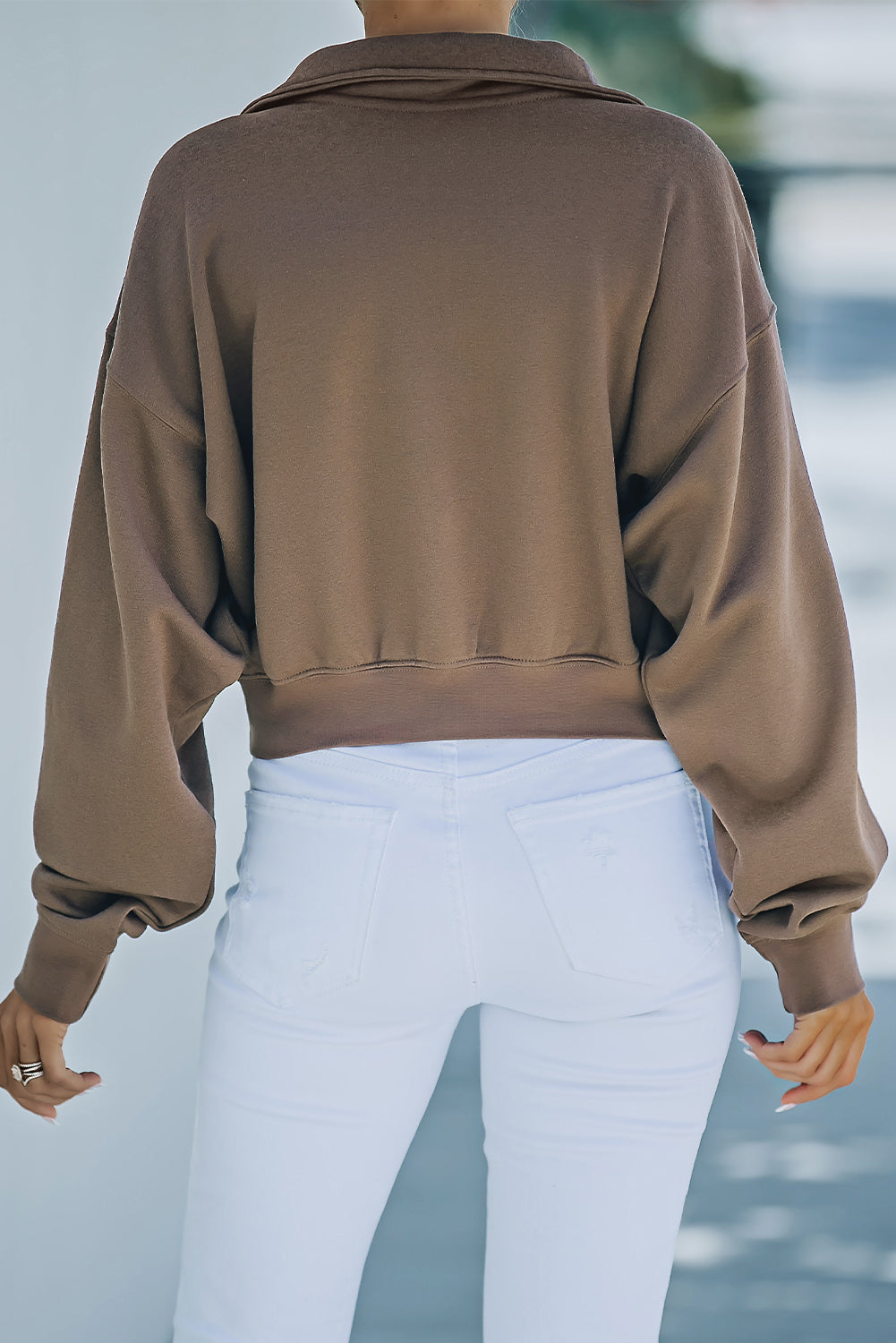 Brown Zipped Turn Down Collar Cropped Sweatshirt with Pocket