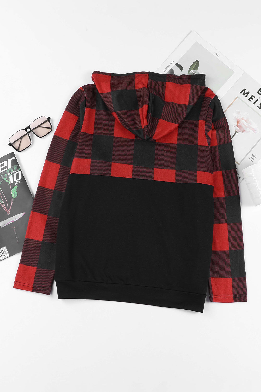 Black Contrast Buffalo Plaid Zip Pullover Hooded Top