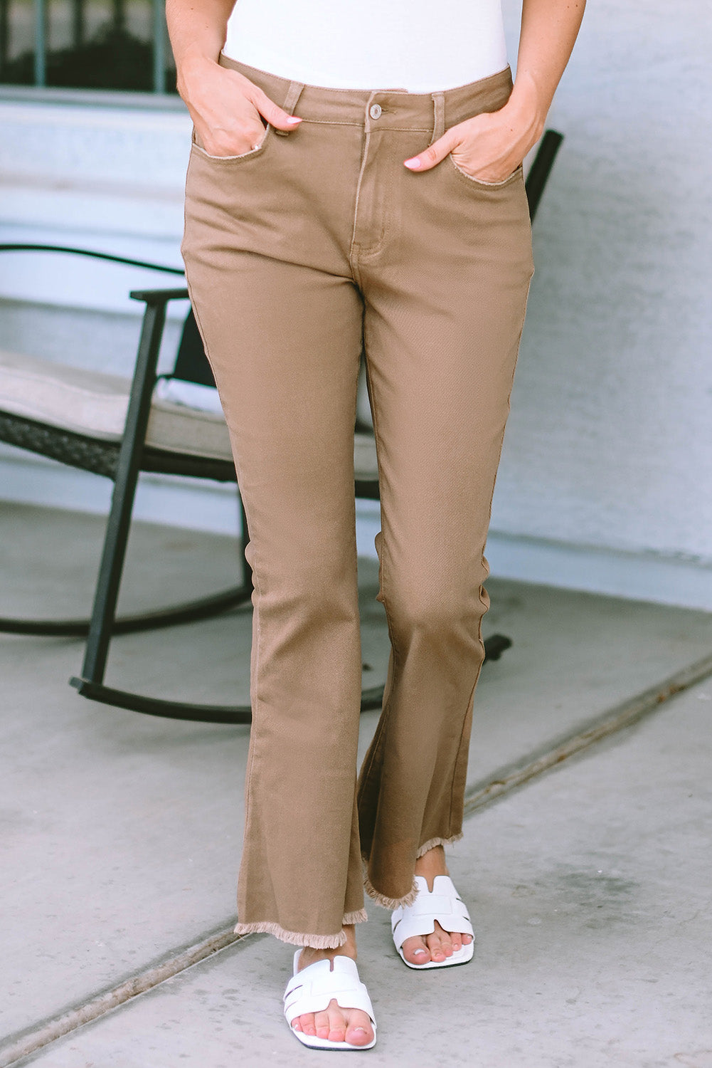 Khaki Raw Hem High Waist Flare Jeans