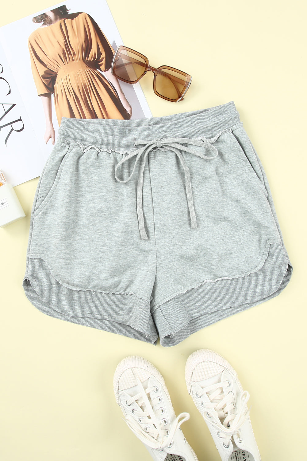 Gray Ribbed Trim Knit Casual Shorts