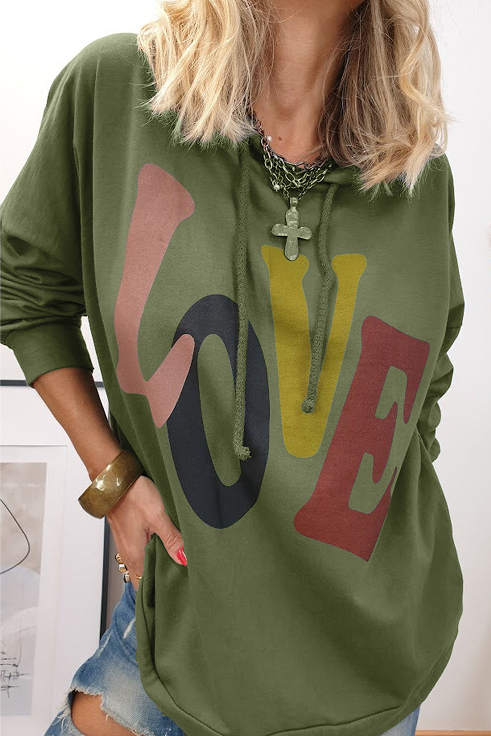 Mist Green LOVE Letter Graphic Drop Shoulder Oversize Hoodie