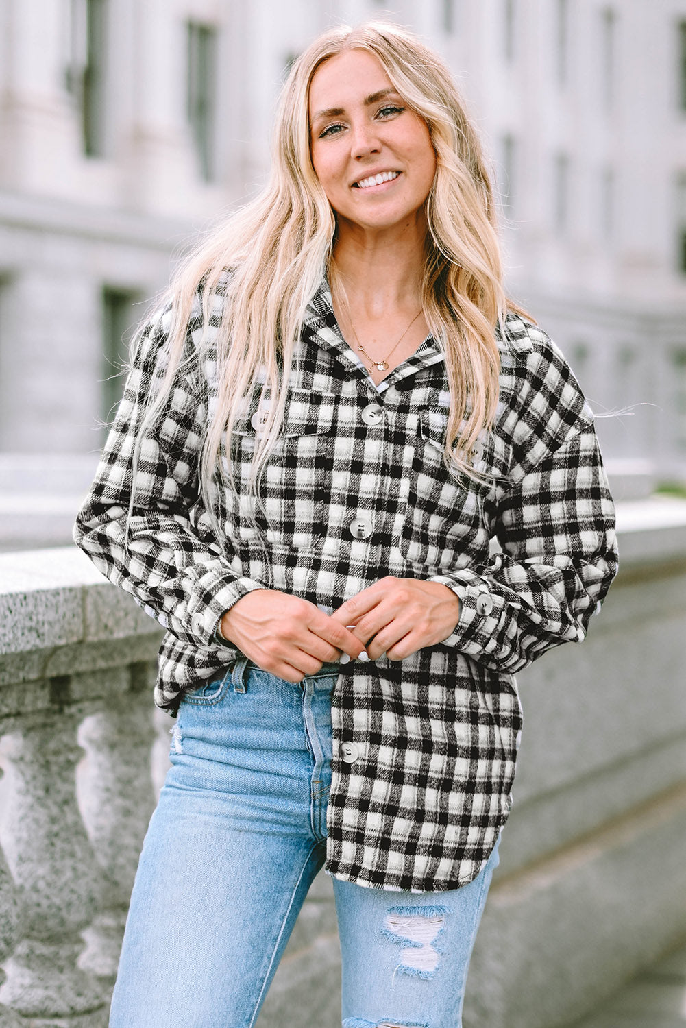 Black Plaid Print Chest Pockets Buttoned Tunic Shacket