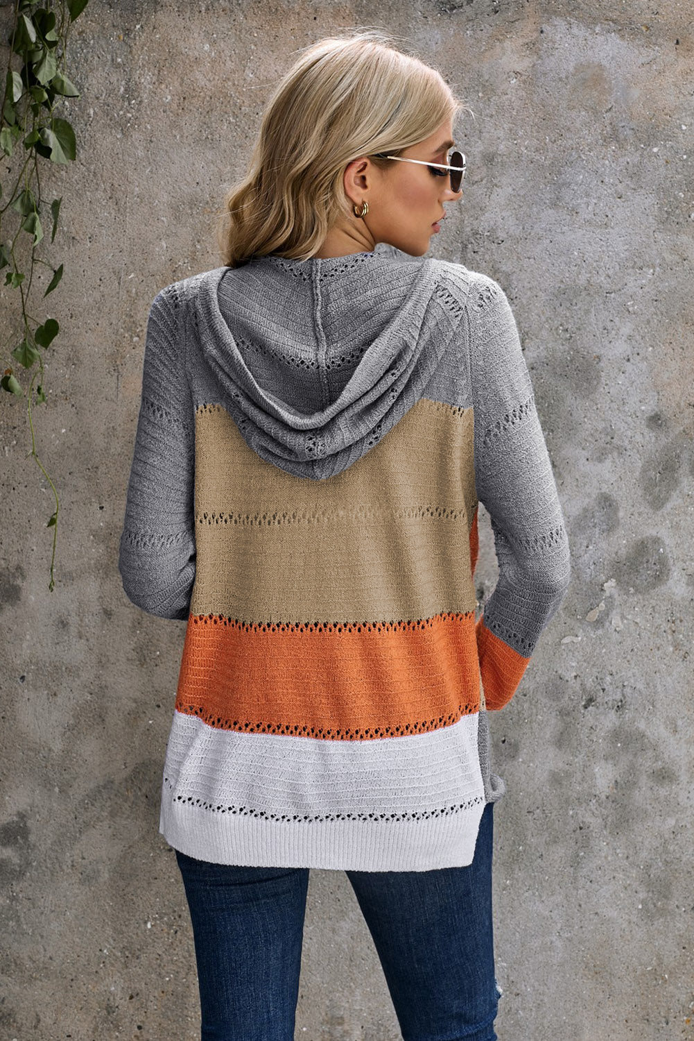 Gray Zipped Front Colorblock Hollow-out Knit Hoodie