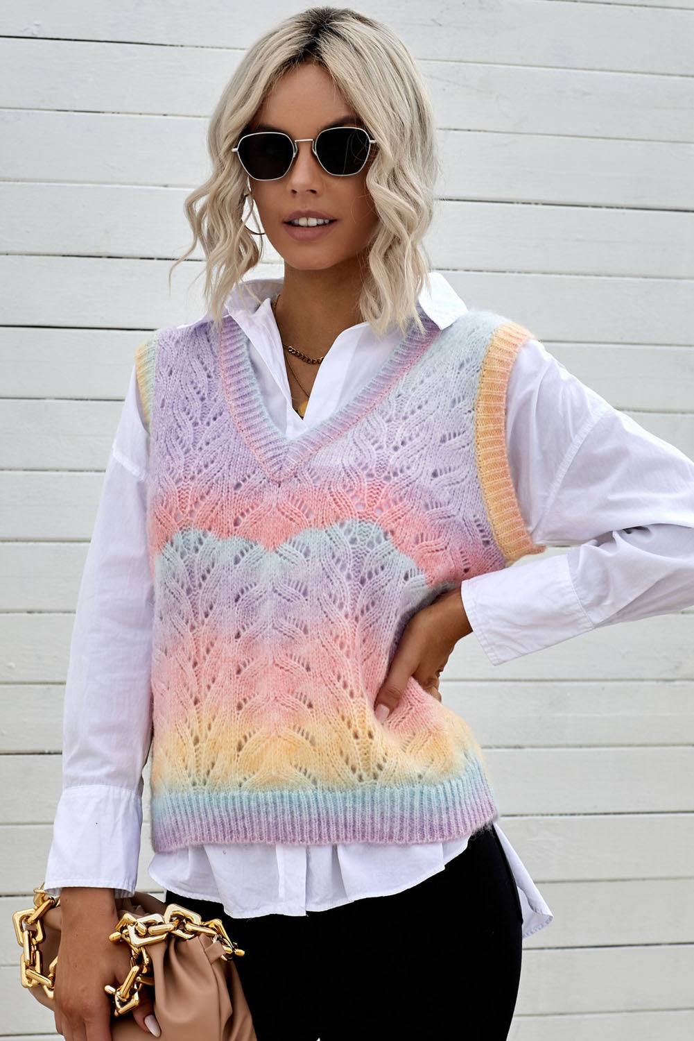 Multicolor V Neck Tie-dye Sweater Vest