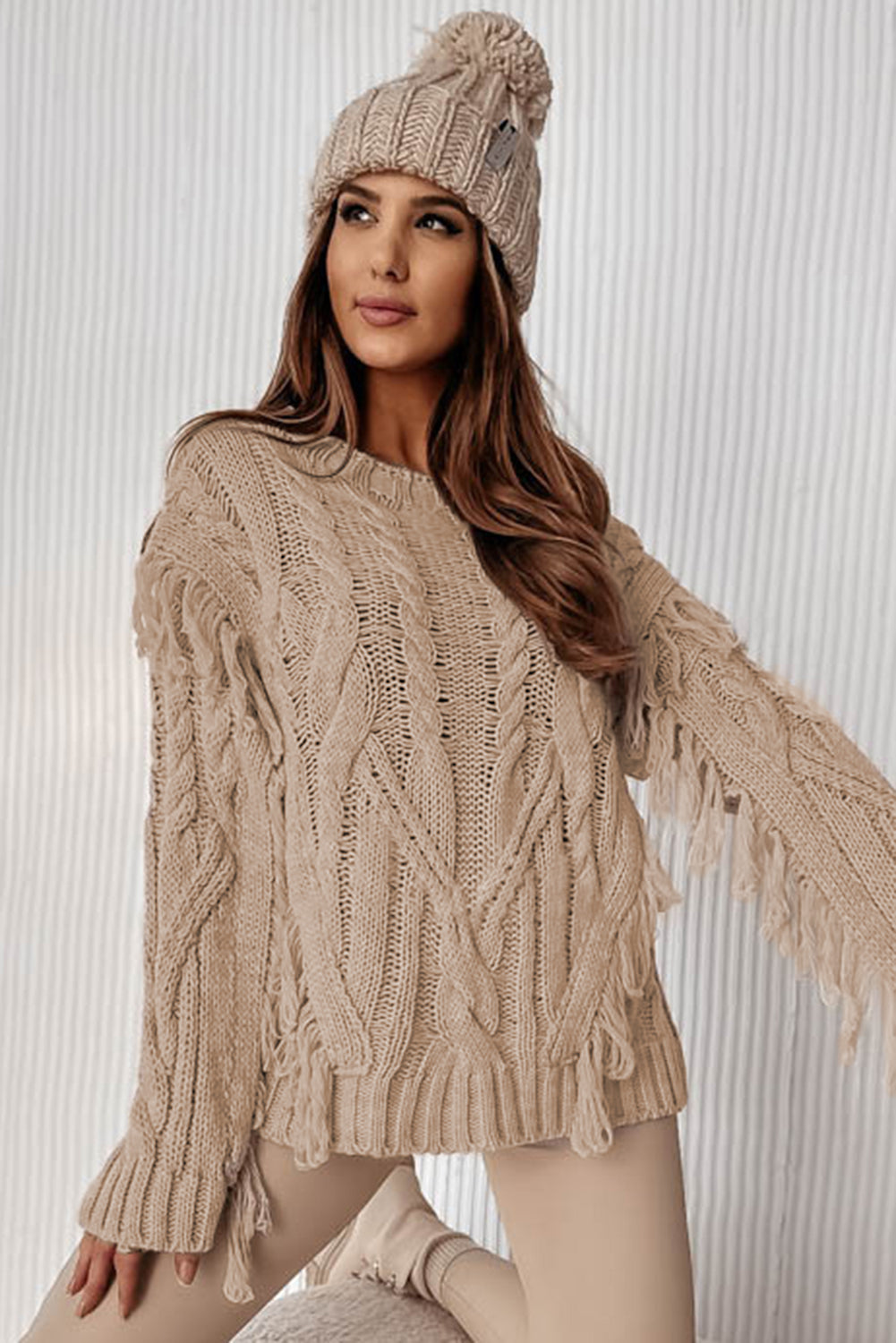 Parchment Tasseled Braided Knit Sweater