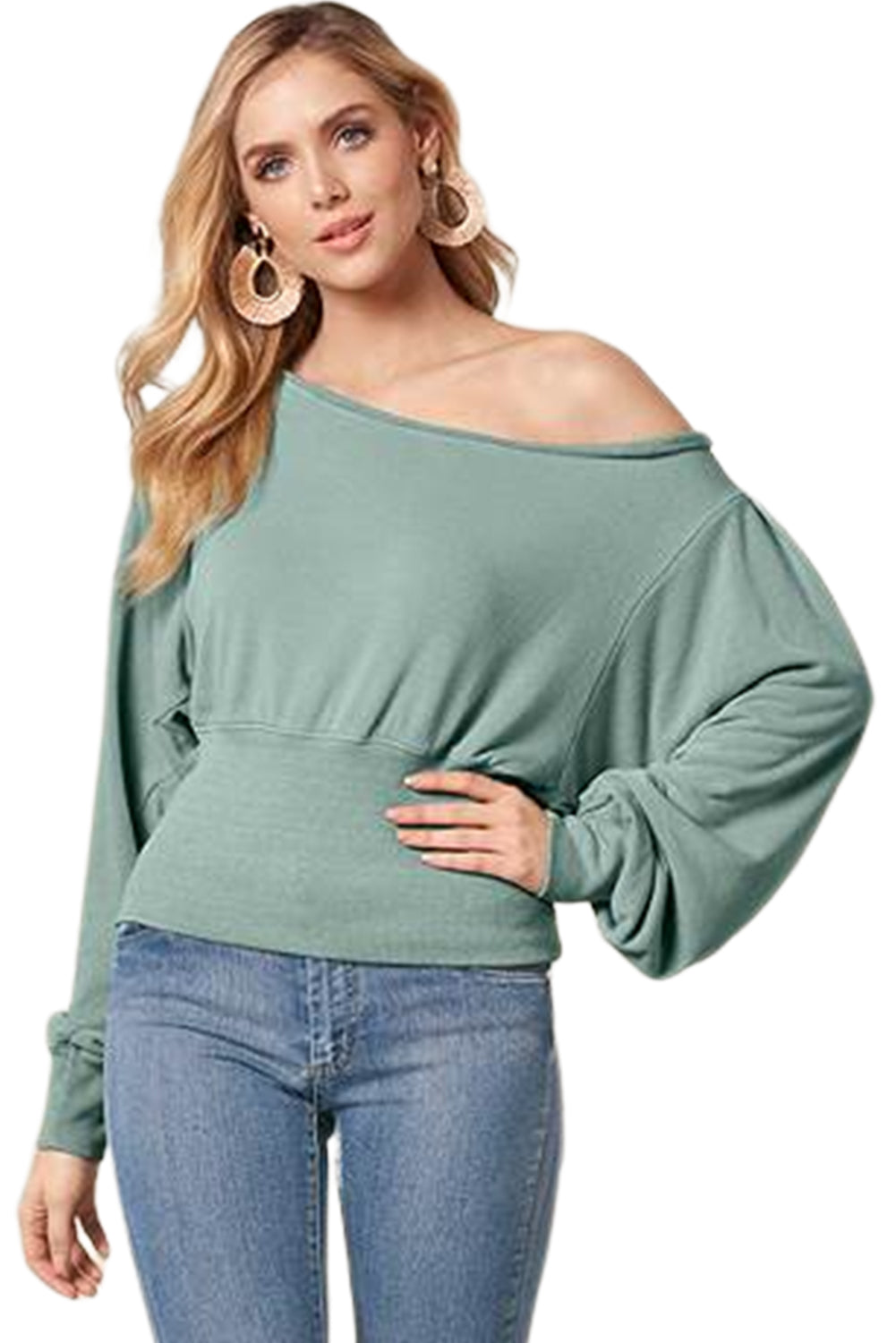 Green Off Shoulder Bishop Sleeve Cinched Waist Blouse