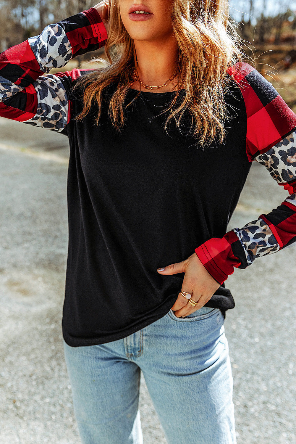 Black Off Shoulder Plaid&Leopard Print Long Sleeve Top