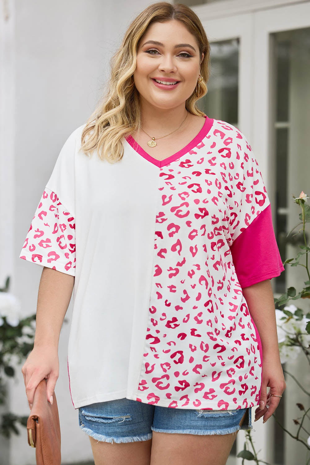 Rose Plus Size Leopard Patchwork Short Sleeve Top