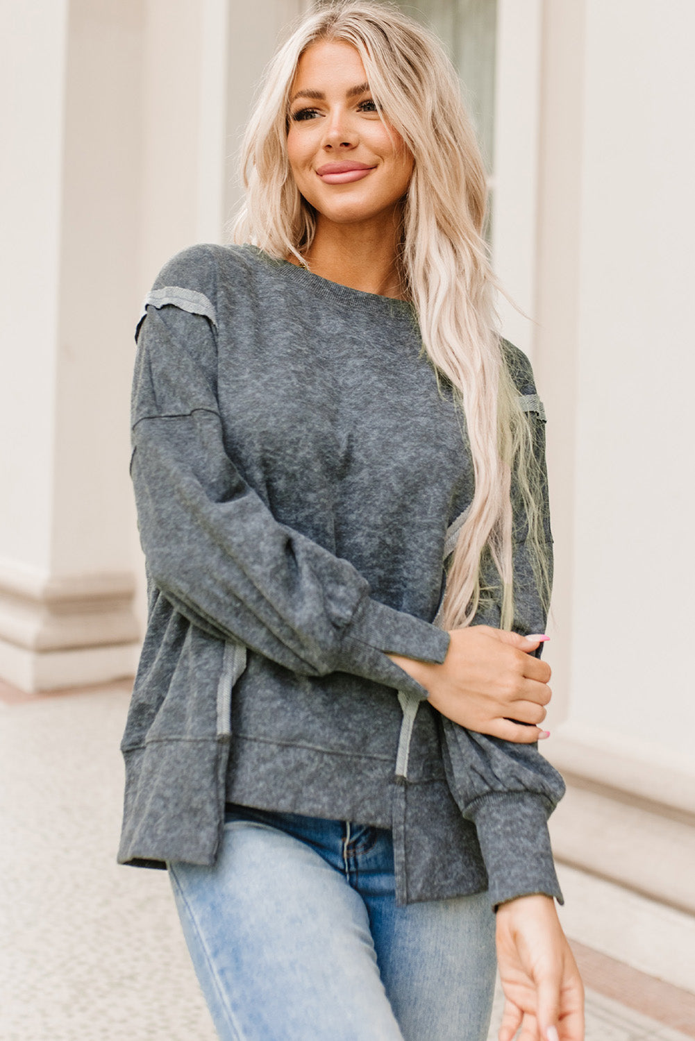 Gray Acid Wash Relaxed Fit Seamed Pullover Sweatshirt with Slits