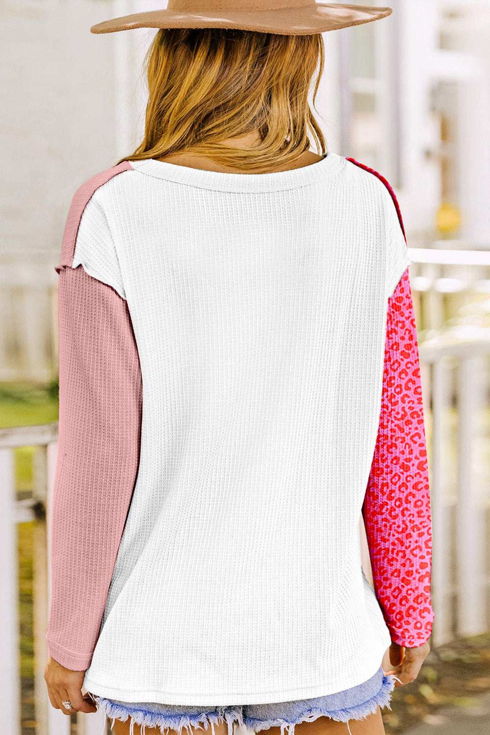 Pink Waffle Knit Exposed Seam Leopard Colorblock Print Top