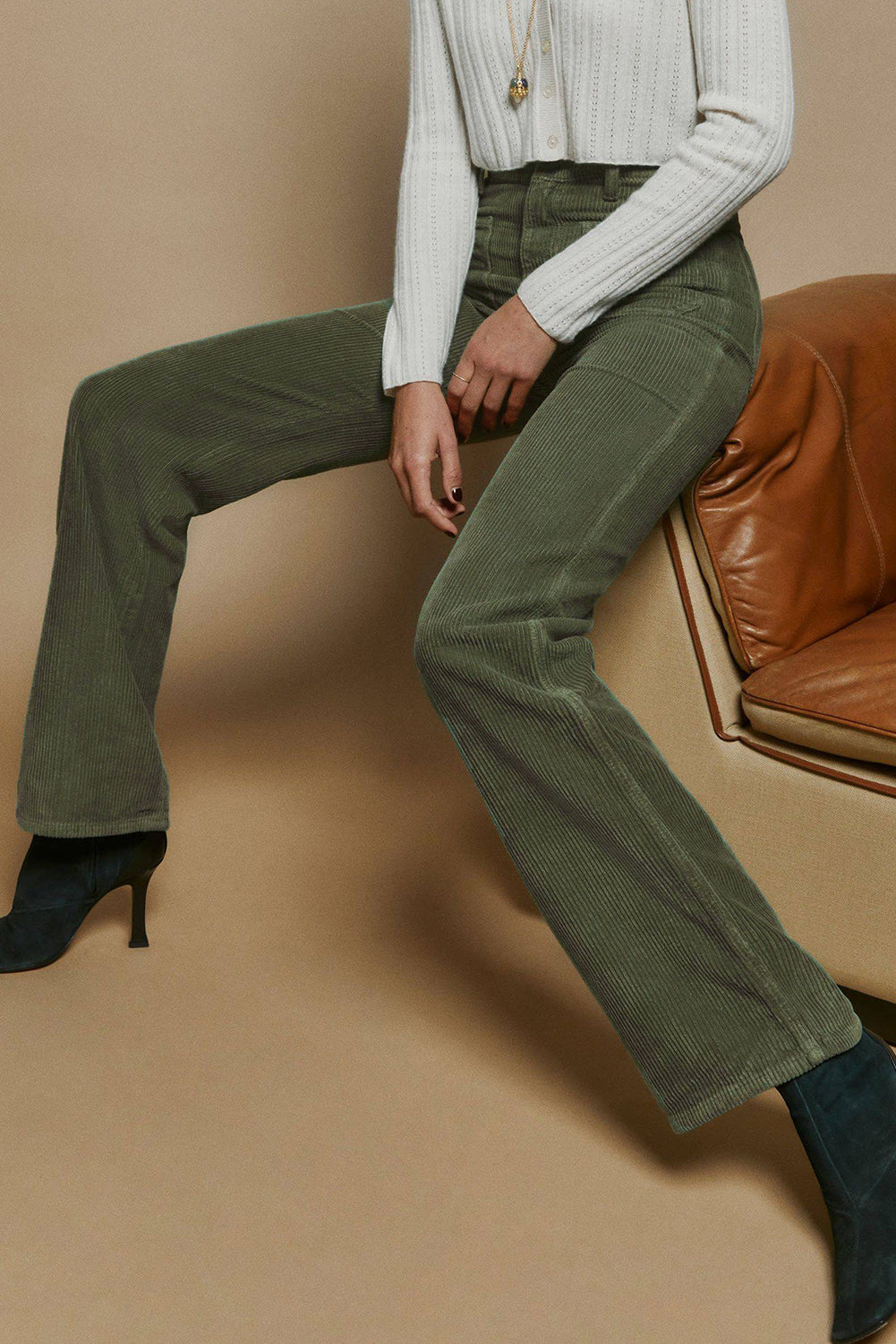 Green High Waist Square Pockets Corduroy Pants