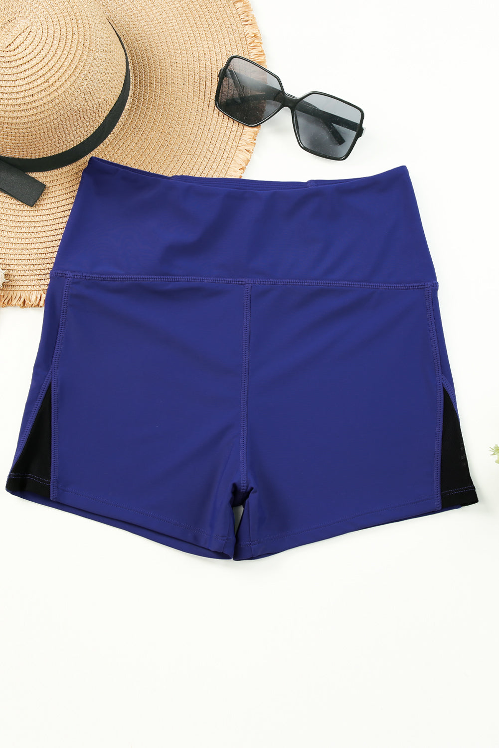 Blue Mesh Cutout Patchwork Swim Shorts