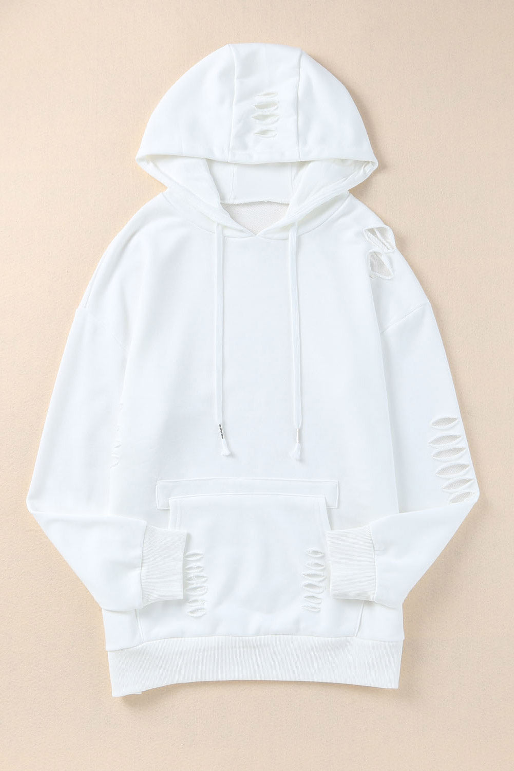 White Solid Ripped Hooded Sweatshirt with Kangaroo Pocket