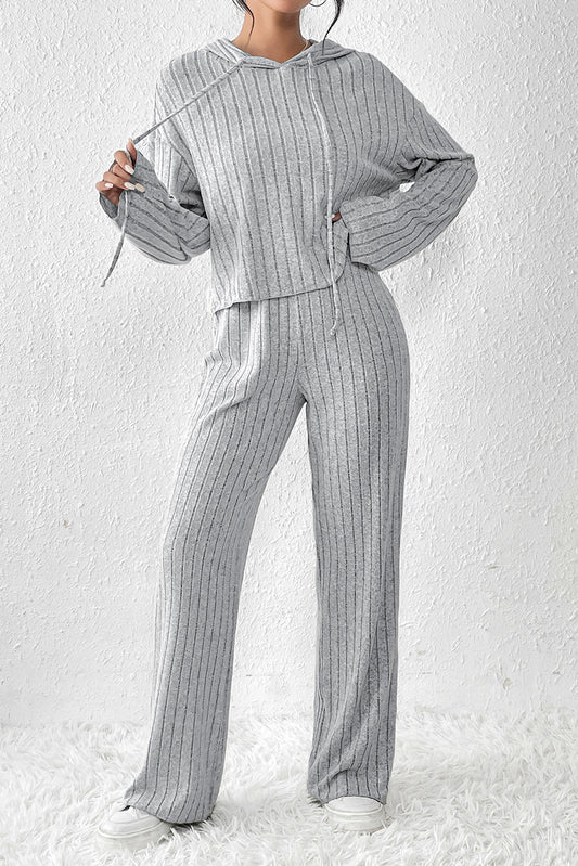 Gray Ribbed Knit Slouchy Hoodie Wide Leg Pants Set