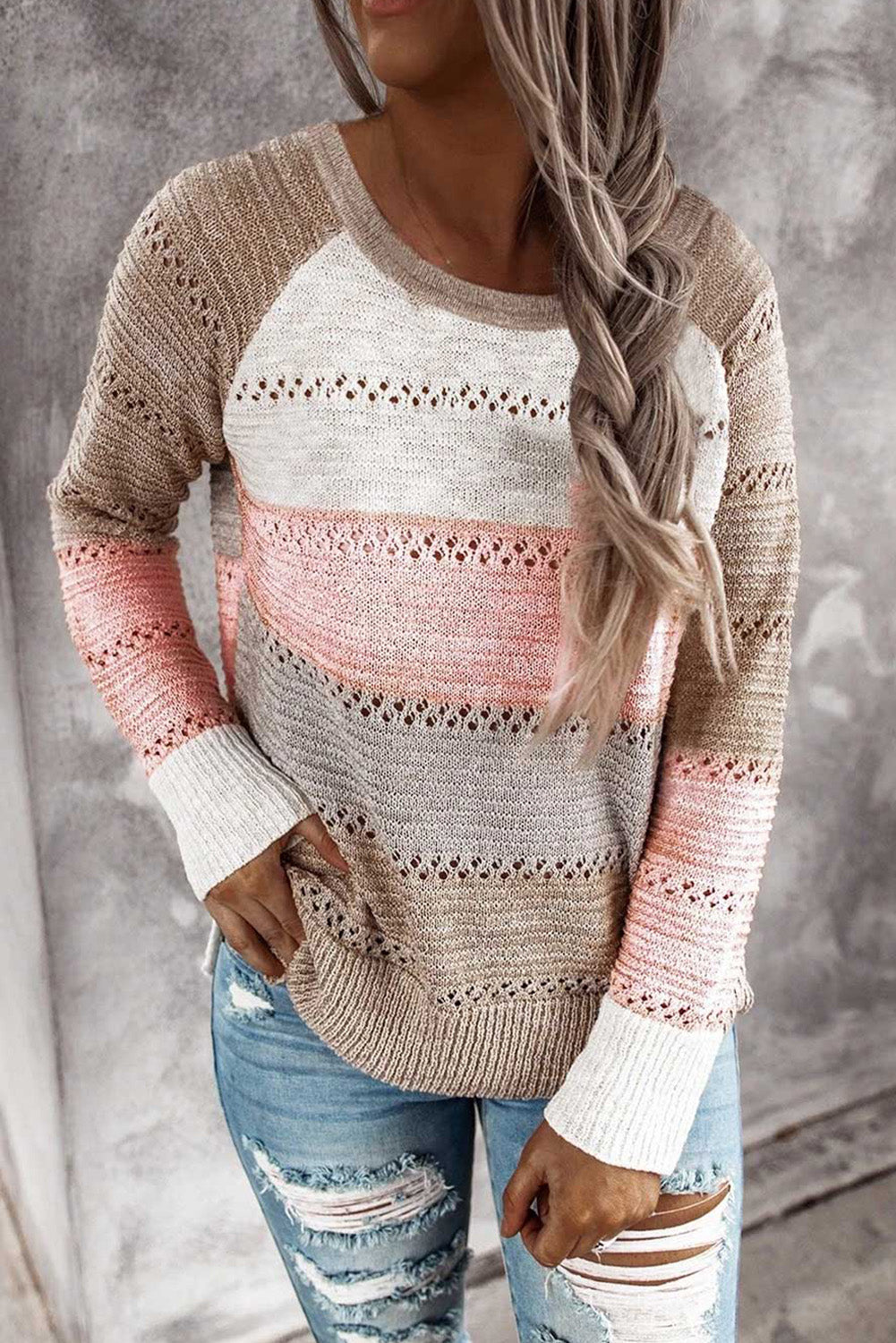 Multi-color Knitted Color Block Long Sleeve Crew Neck Sweater