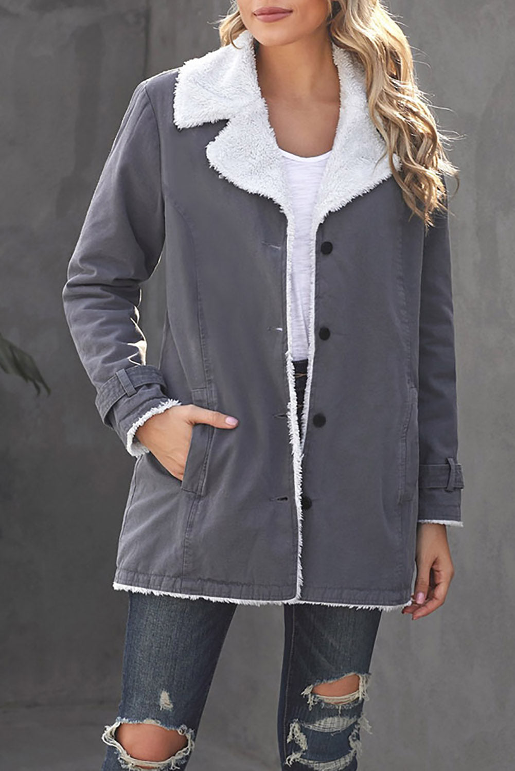 Gray Lapel Collar Button Fleece Jacket