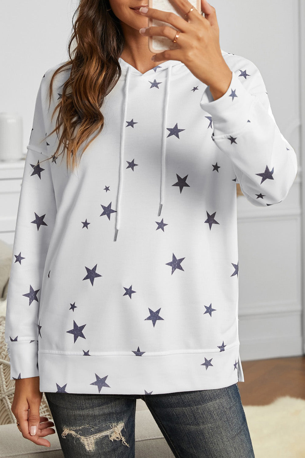 White Star Print Hoodie with Side Slits