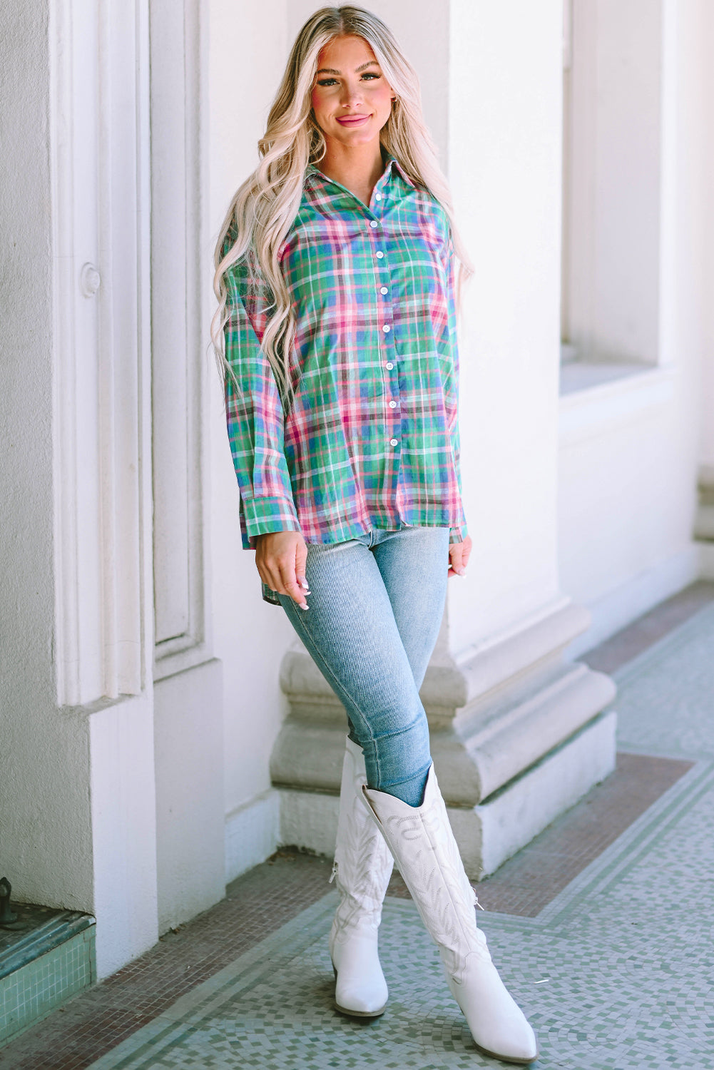 Green Plaid Long Sleeve Button Down Split Shirt