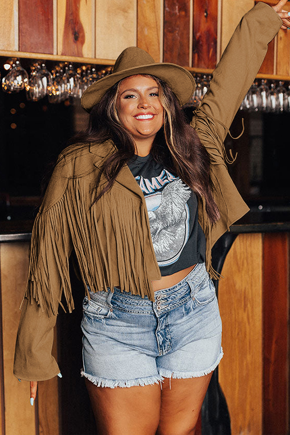 Camel Fringe Plus Size Cropped Jacket