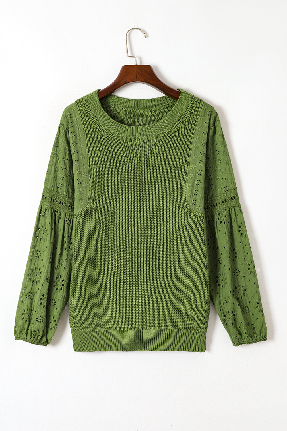 Green Eyelet Drop Shoulder Patchwork Pullover Sweater