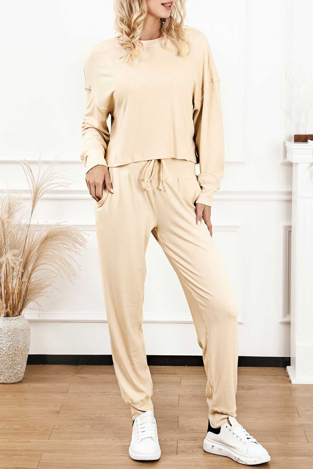 Apricot Ribbed Long Sleeve Drawstring Pants Set