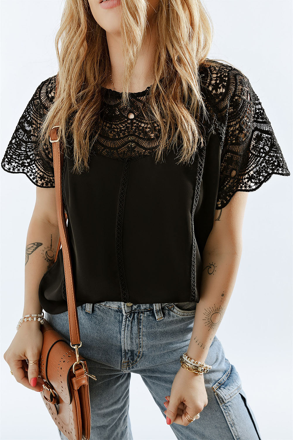 Black Lace Crochet Patchwork Short Sleeve Blouse