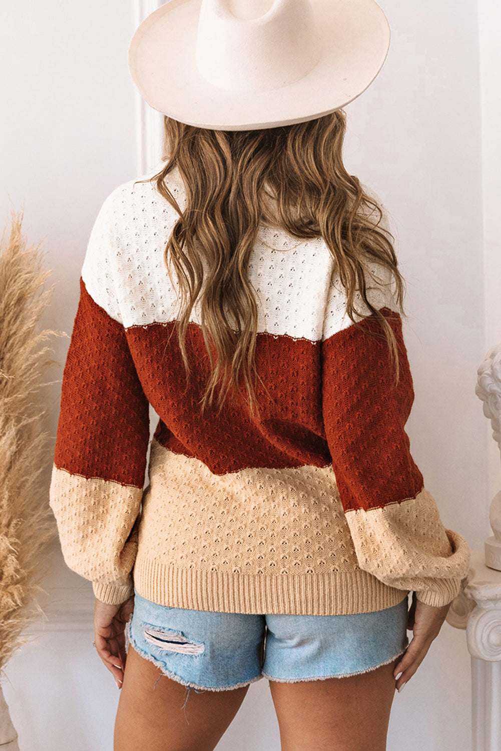 Brown Geometric Texture Colorblock Sweater