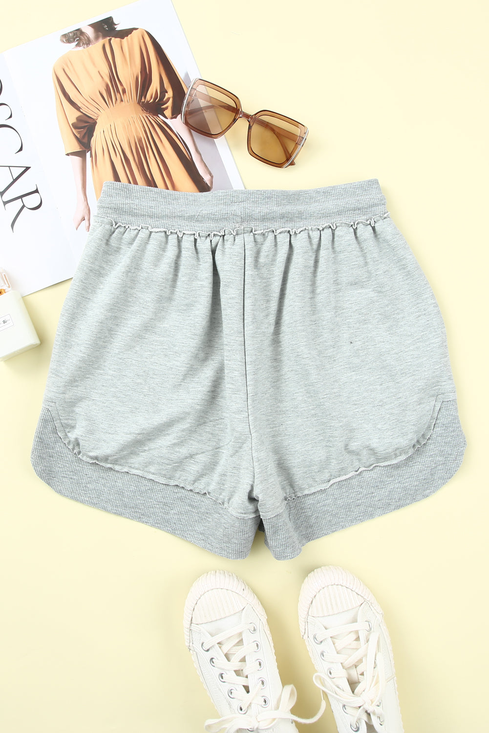 Gray Ribbed Trim Knit Casual Shorts