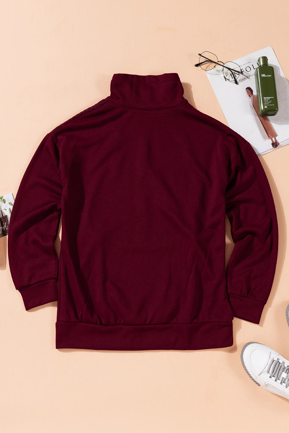 Wine Quilted Patch Half Zipper Sweatshirt