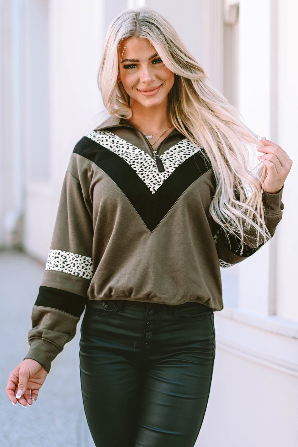 Green Leopard Contrast Splicing Quarter Zip Sweatshirt