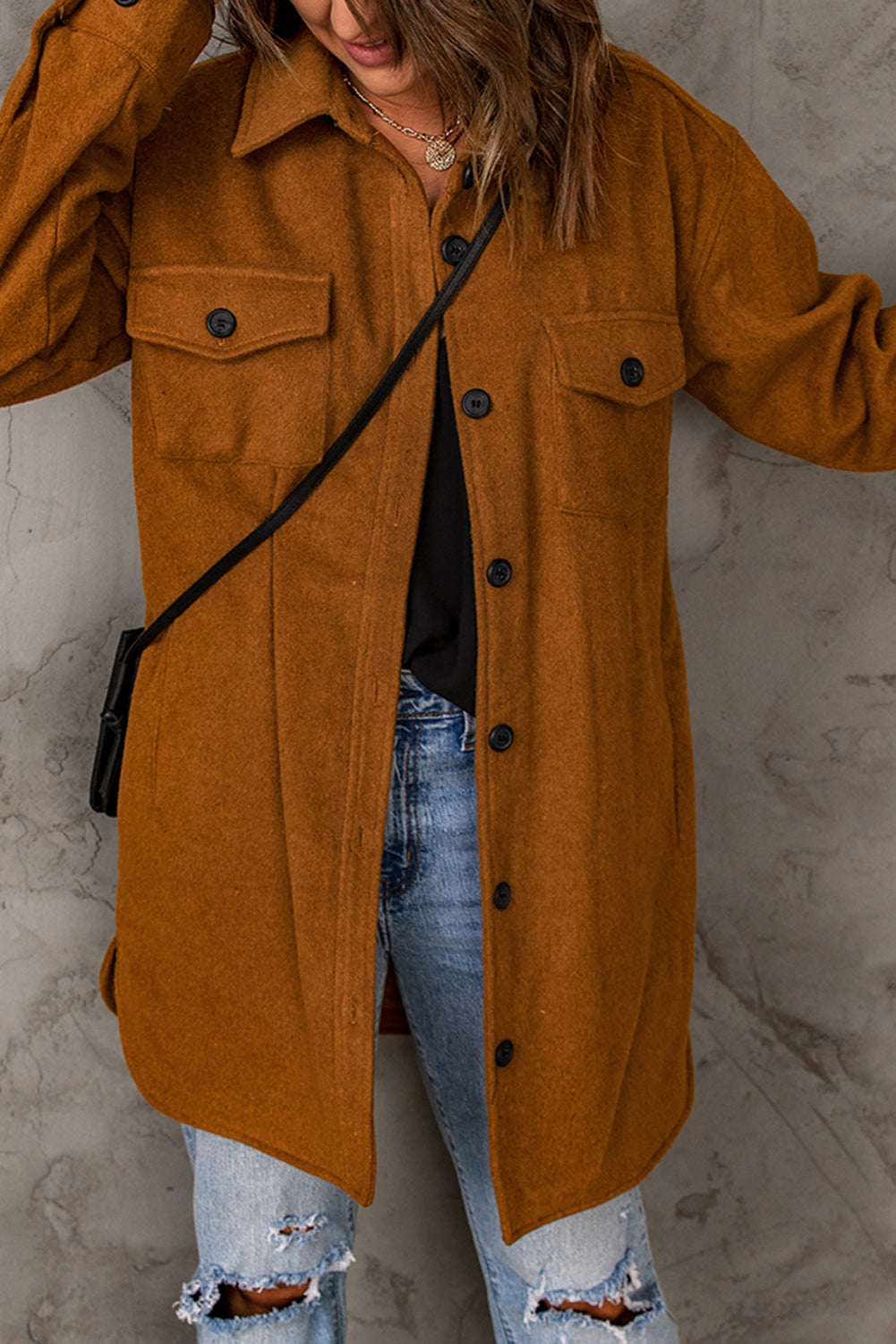 Brown Long Sleeve Pockets Buttoned Shirt Jacket