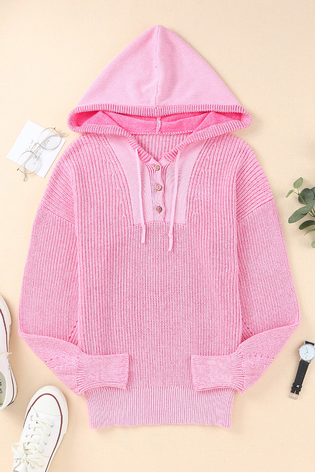 Pink Henley V Neck Hooded Sweater