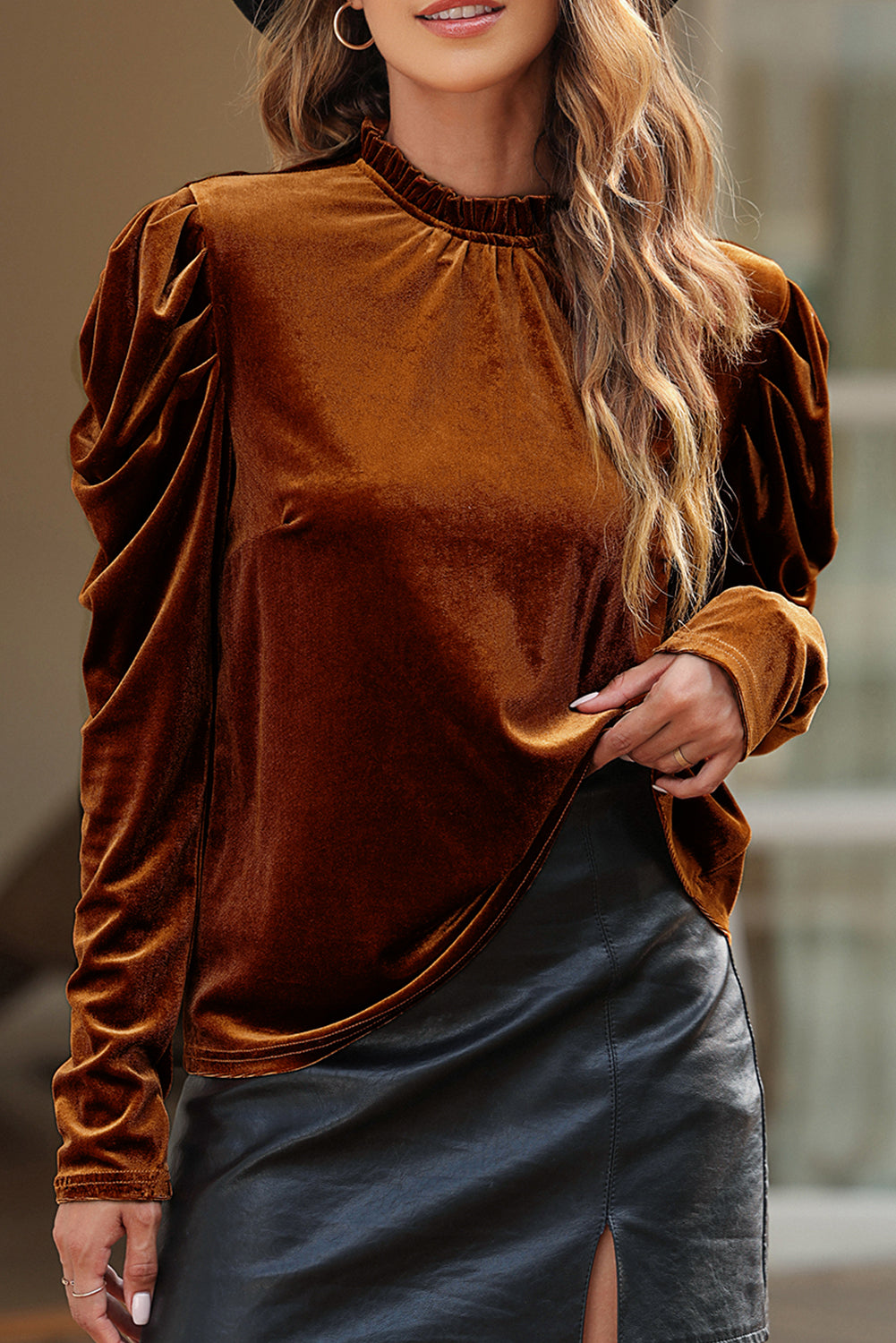 Chestnut Frilled Collar Puff Sleeve Velvet Top