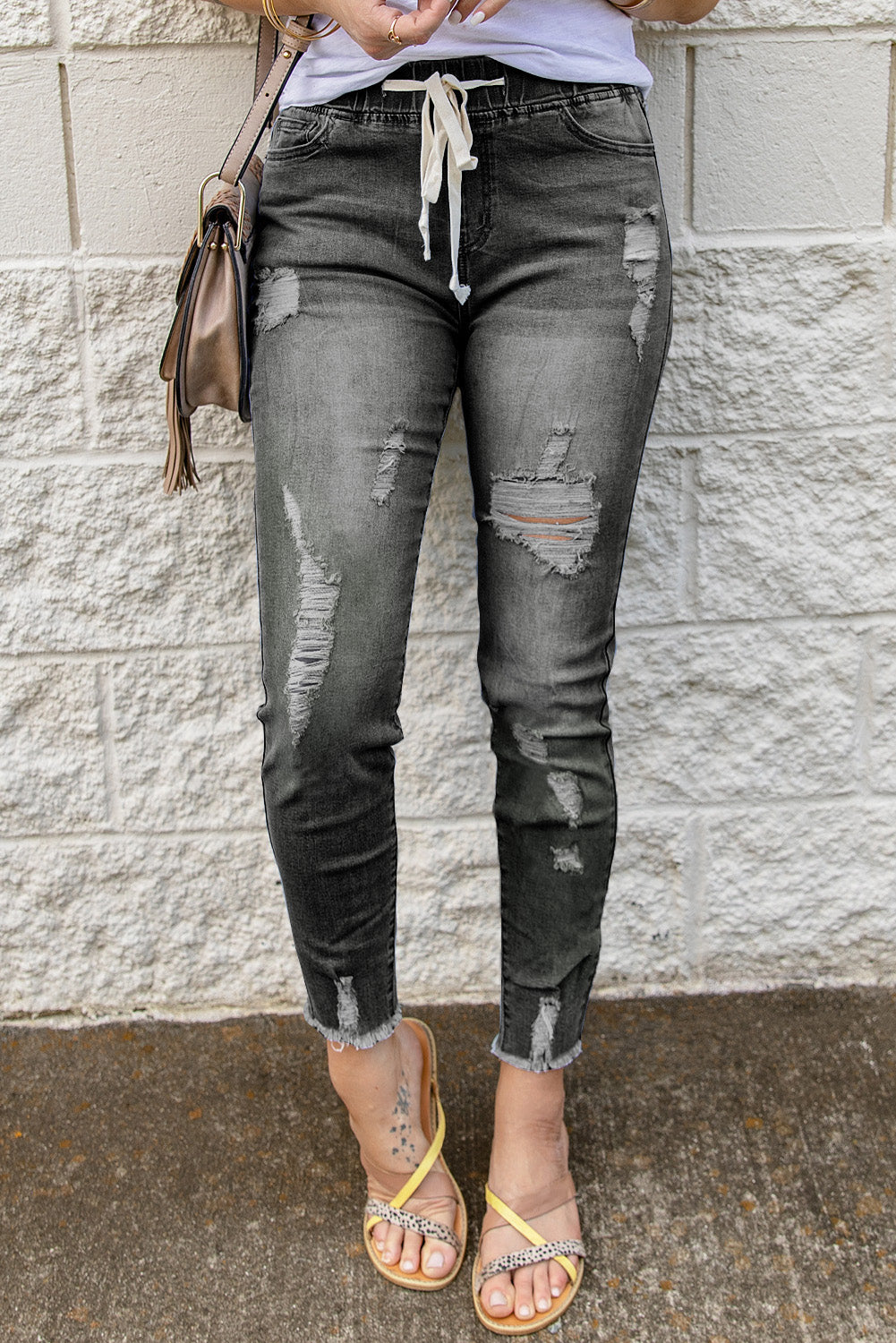 Gray Drawstring Elastic Waist Hole Ripped Jeans