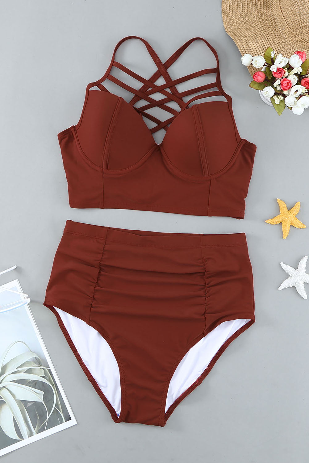 Fiery Red Strappy Neck Detail High Waist Plus Size Swimsuit