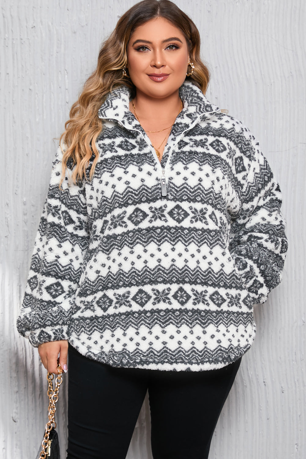 White Sherpa Geometric Print Quarter Zip Plus Size Pullover