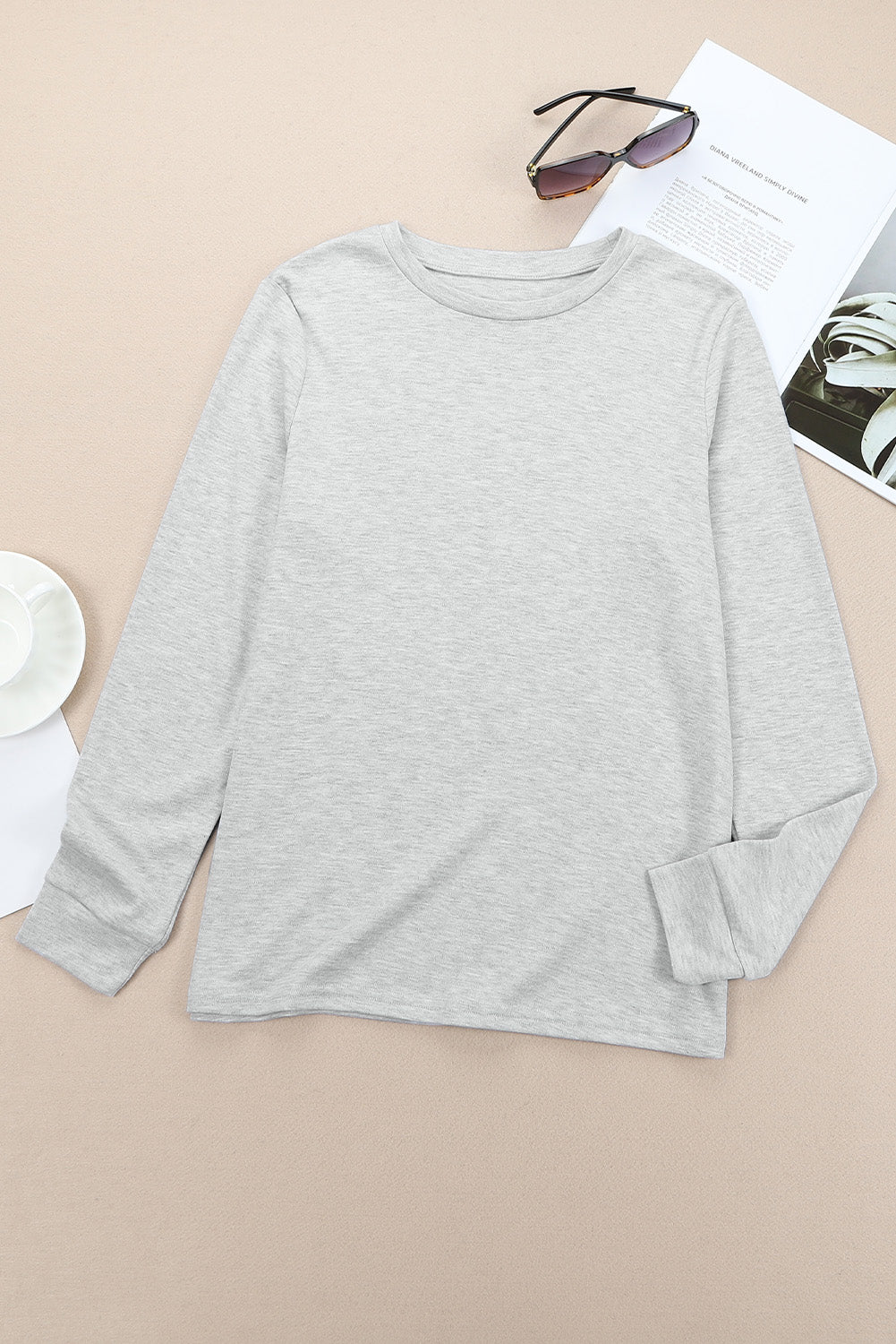 Gray Plain Crew Neck Long Sleeve Top