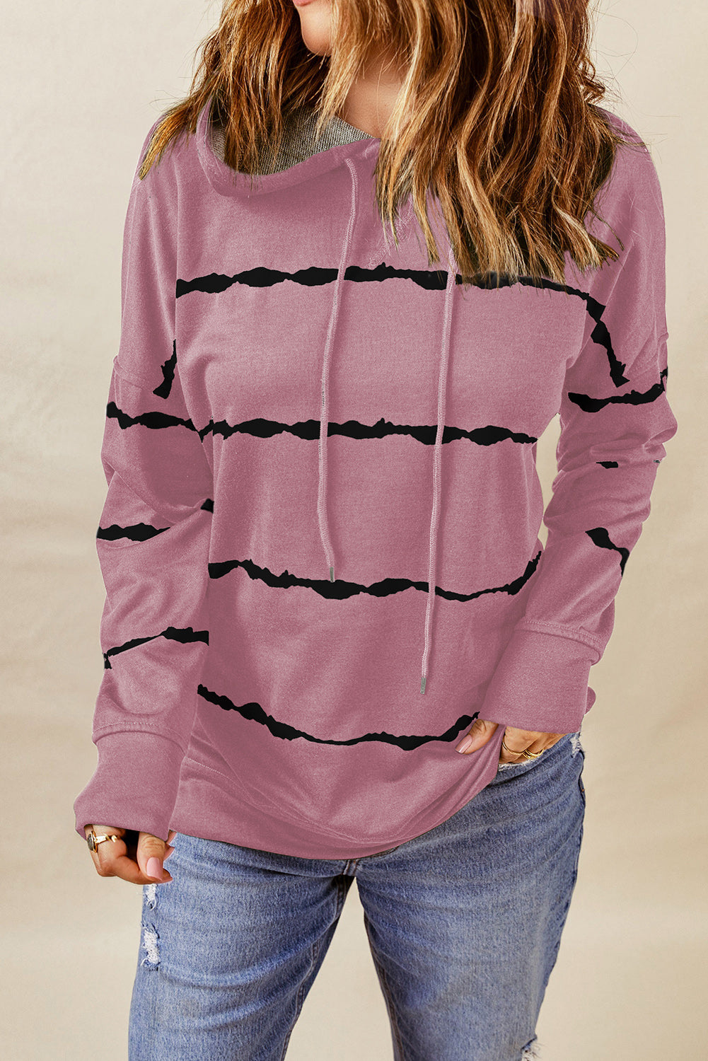 Pink Tie-dye Striped Drawstring Hoodie with Side Split Tops